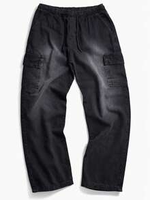 Men's Graphite Cargo Jeans With Stonewashed Finish And Elastic Waistband – Comfortable Loose Fit Streetwear - 0326/01 - 查看 4