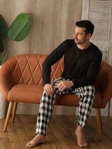 Men's Long Plaid Pajamas Cold Winter Flannel - 黑色 - 查看 3