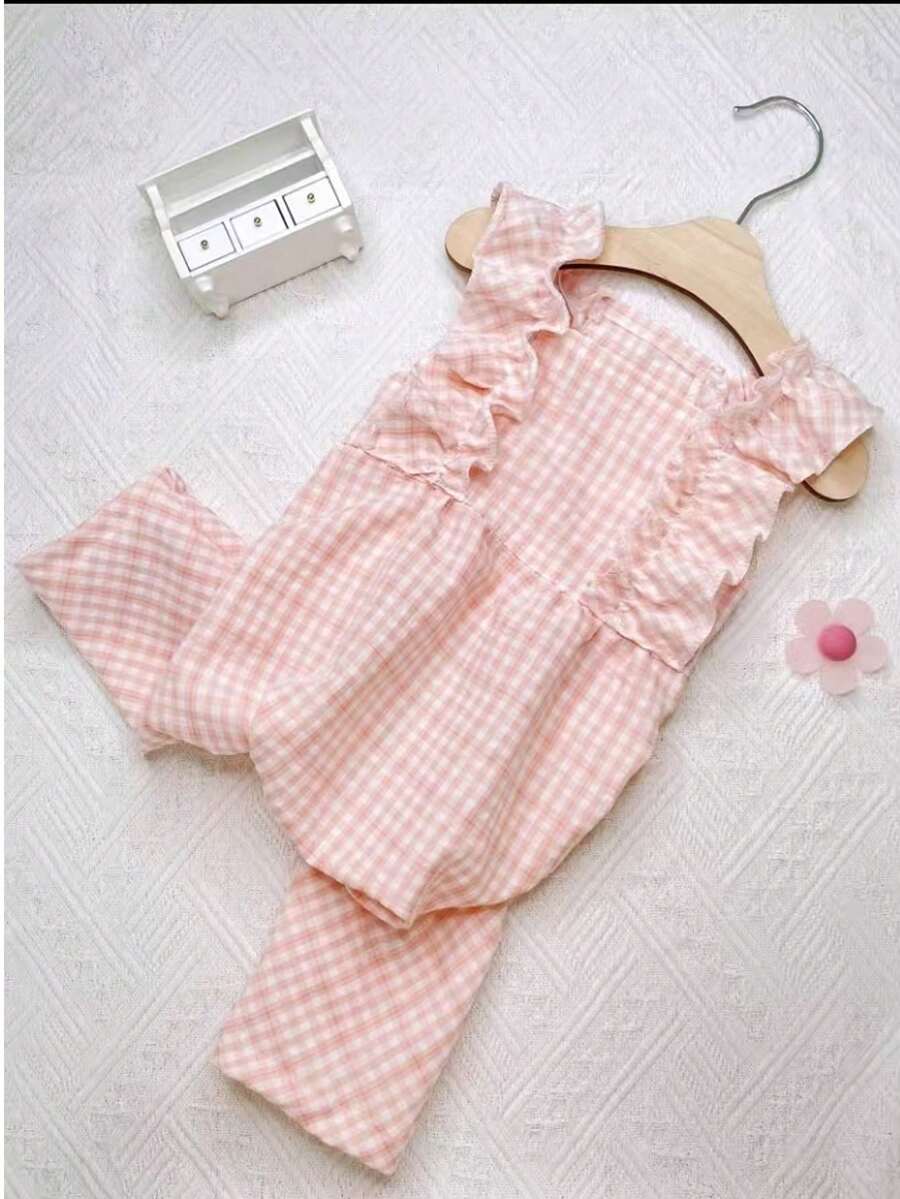 1件柔软舒适的格子荷叶边连体衣，休闲宠物服装 - 粉色 - 查看 1