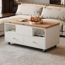 Height-Adjustable Coffee Table With Folding Function And 4 Drawers, 100 X 50 X 47.5 Cm, One Large And One Small Hydraulic Lifting Table, Mobile Living Room Table With Universal Wheels, Side Table For Sofa. - Natural Color - View 4