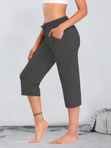 Women's Comfort Yoga Capri Pants With Drawstring & Pockets, Straight Wide Leg Sweatpants For Sports And Casual - Gray - 查看 6