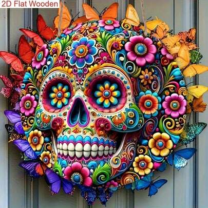 Trang trí tường bằng gỗ hình đầu lâu đường Mexico 2D phẳng, 1 chiếc - Trang trí Ngày Lễ Người Chết với hoa văn đầy màu sắc, không cần nguồn điện - Không có lông vũ, thích hợp cho Halloween, nhà cửa, văn phòng, tiệc tùng - Trang trí văn hóa Ngày Lễ Người Chết - Tấm gỗ phẳng dễ treo, họa tiết tinh tế, tác phẩm nghệ thuật tỉ mỉ, vật dụng không thể thiếu cho những người yêu thích Halloween, các lỗ đã được khoan sẵn như trong hình.