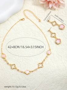 1 Set Of 3 Pieces Delicate Pink Lucky 5-Petal Flower & Hollow Four-Leaf Clover Necklace & Earrings Jewelry Set For Women - Multicolor - View 4