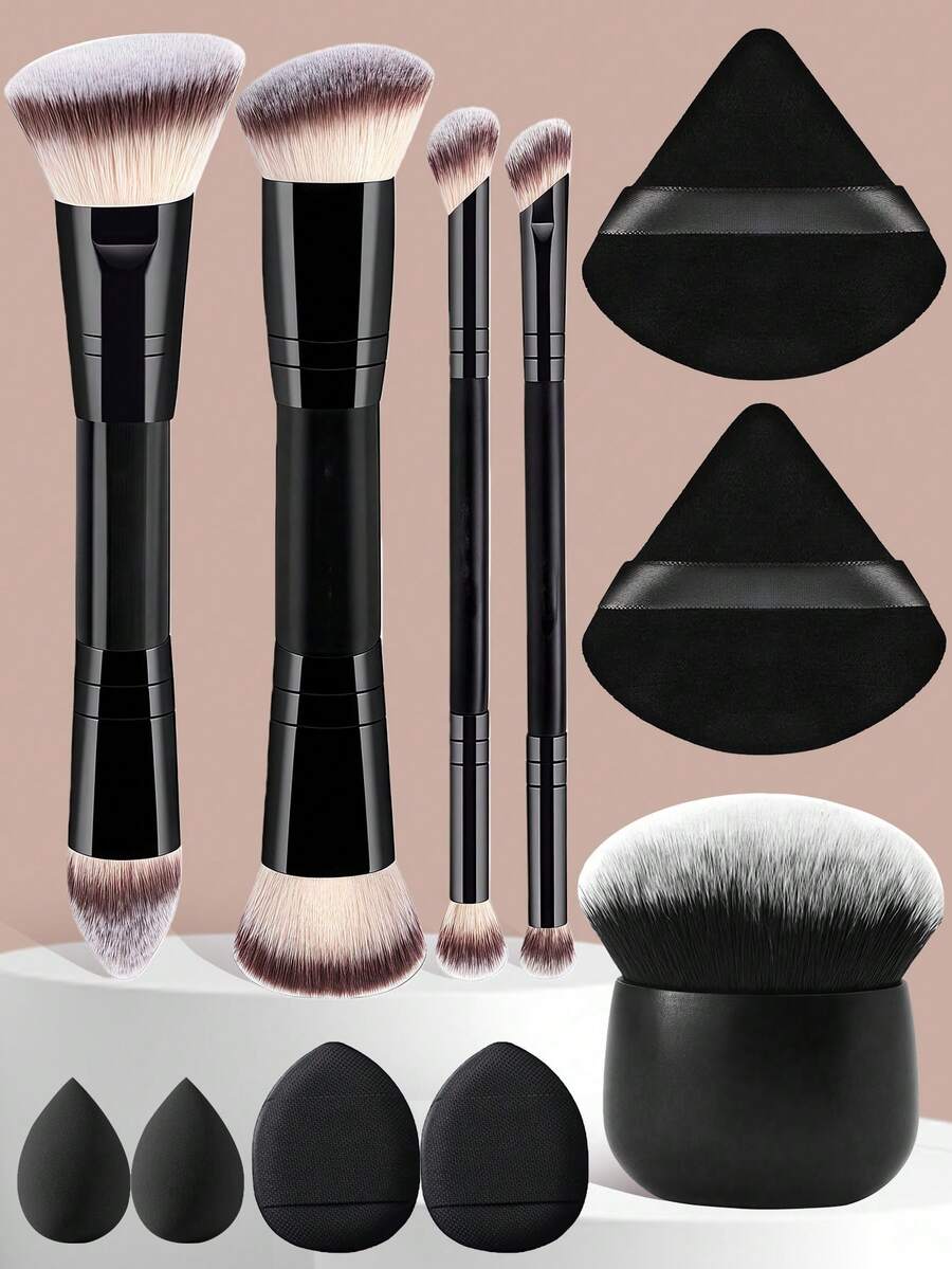 YZIMENG Juego de 11 piezas de brochas de maquillaje profesionales, brochas de maquillaje portátiles para viajes, juego de 4 piezas de herramientas de maquillaje multifunción de doble cara + brocha grande para base, brocha para loción corporal + 6 esponjas de maquillaje de diferentes formas, que incluyen brocha para base, brocha para rubor, brocha para corrector, brocha para contorno, brocha para nariz, brocha para sombra de ojos, brocha para iluminador, esenciales para uso en casa o de viaje, accesorios de belleza y artículos de maquillaje indispensables, idea de regalo maravillosa - Negro - Ver 1