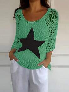 Women's Round Neck Pentagram Hollow Out Casual Versatile Daily Wear Knit Top Spring - Green - View 2