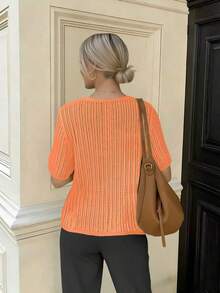 Women's Summer New Loose Hollow Lace-Up Knitted Cardigan, Minimalist Low Neck Short Sleeve Crochet Mesh Lightweight Sun Protection Top - 珊瑚橙 - 查看 7