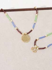 2pcs Bohemian Lotus & Geometric Pendant Handmade Beaded Double-Layered Necklace For Women's Holiday Party Jewelry - Multicolor - View 5