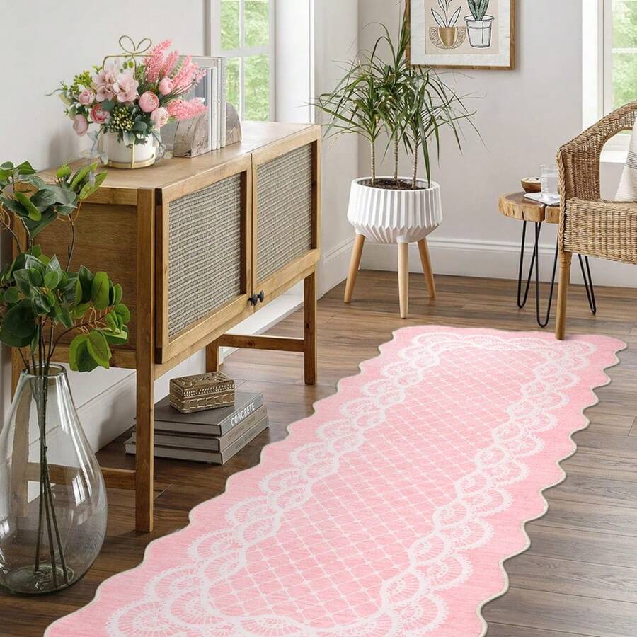 Washable Rugs, Rug Modern Geometric Living Room Rug, Stain-Resistant Scalloped Throw Rugs, Soft Faux Wool Carpet For Bedroom Entryway Office Dorm - Pink(60*230cm) - View 1