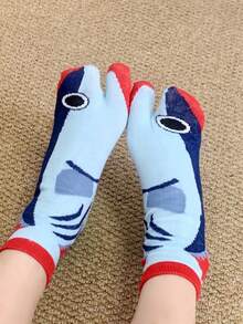 1 Pair Funny Cute Abstract Blue & Red Shark Toe Separator Straight Tube Socks, Suitable For All Seasons - Multicolor - View 1