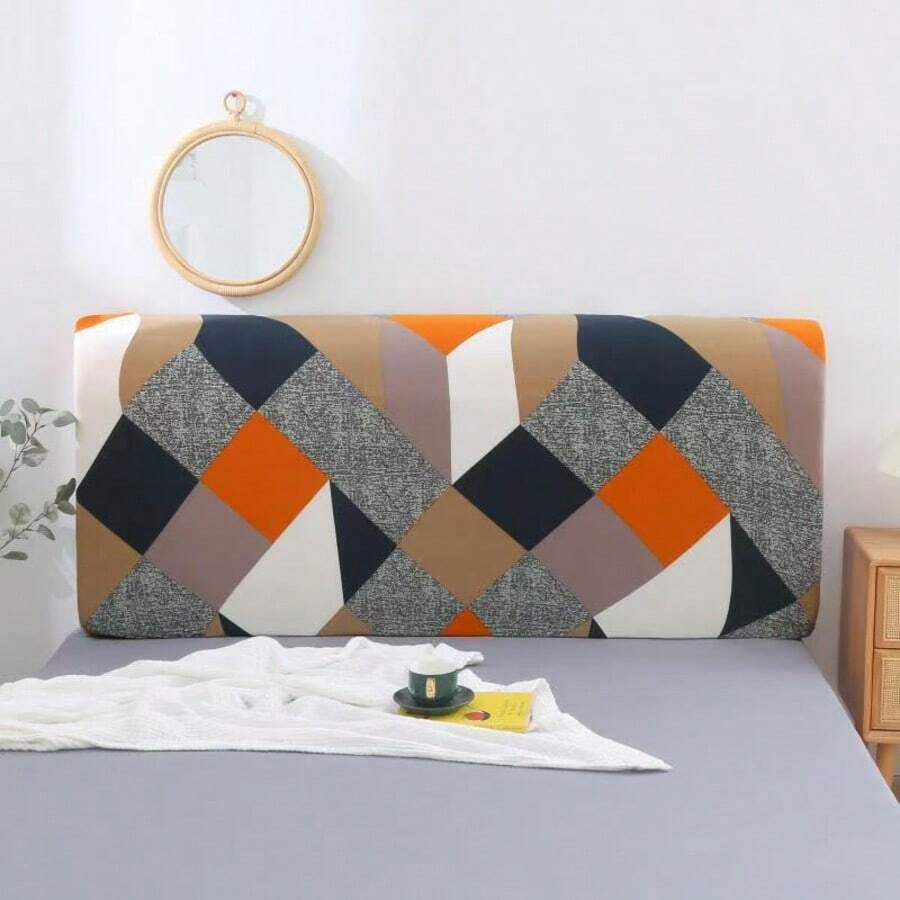 1pc Stretchable Milk Silk Headboard Cover, All Inclusive, Simple Geometric Pattern Design, Soft Polyester Fiber Fabric, Modern Style Bedroom Furniture Protective Cover Suitable For Single And Double Beds - Orange - View 1