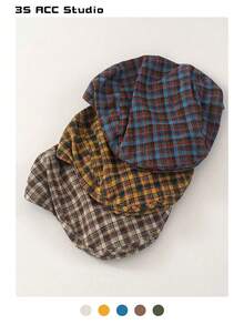 复古英伦格子报童帽,女士新款秋冬大帽檐贝雷帽,百搭 - 彩色 - 查看 6