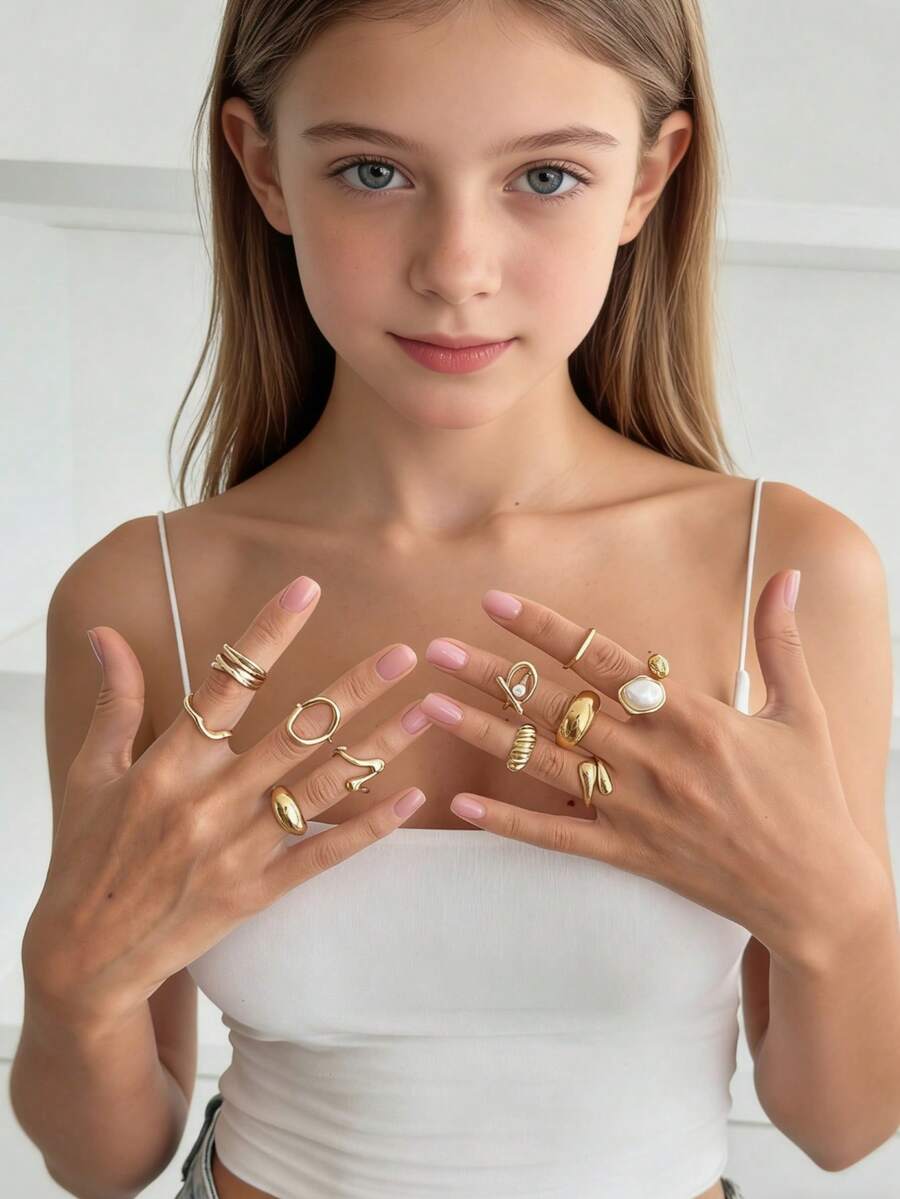 11件套精美个性化创意设计可叠戴戒指套装，日常佩戴戒指，优雅戒指，独特叠戴戒指，适合作为青少年节日礼物 - 金色 - 查看 1