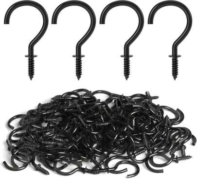 RELBRO Ganchos de tornillo, Ganchos de taza de metal de 1 pulgada con tornillo, negro, 100 piezas