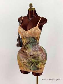 Amplova Lace Cup Detail Tropical Floral Mesh Bodycon Mini Dress Lace Trim Dress,Party Dress - 多色 3 - 查看 1