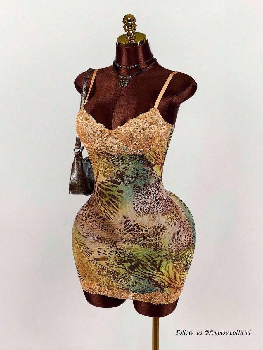 Amplova Lace Cup Detail Tropical Floral Mesh Bodycon Mini Dress Lace Trim Dress,Party Dress - 多色 3 - 查看 1