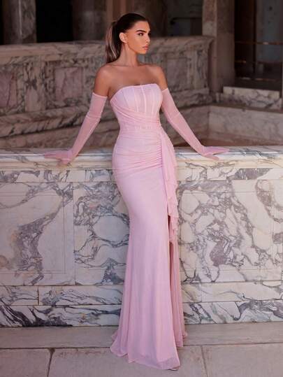 Faeriesty Pink Ruched Fitted Dress With Gloves, Elegant Side Ruffle Slit Trumpet Evening Gown Suitable For Party, Vacation, Formal Dinner, Beach