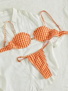 PEPPERMOLLY 新款柔软纯色可调节肩带露背优雅派对比基尼套装，夏季沙滩时尚女士泳装度假装 - 橘色 - 查看 4