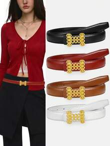 1pc*2pcsElegant Minimalist Women Waist Belt Luxury Gold Letter Smooth Slide Buckle Adjustable Fashion PU Leather Belts For Dresses Pants Daily Party Office Wear - Multicolor - View 1