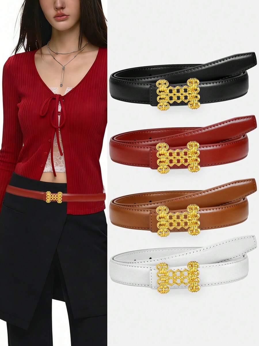 1pc*2pcsElegant Minimalist Women Waist Belt Luxury Gold Letter Smooth Slide Buckle Adjustable Fashion PU Leather Belts For Dresses Pants Daily Party Office Wear - Multicolor - View 1