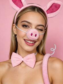 动物主题服装套装，包括带耳朵的头箍、鼻子、尾巴和领结，小猪服装 - 彩色 - 查看 6