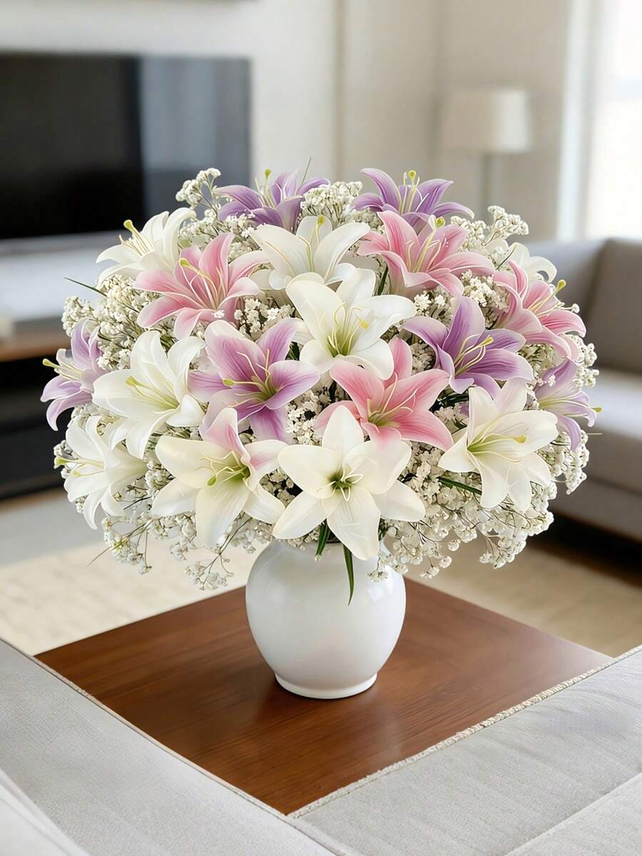 54pcs Artificial Lily & Baby's Breath Flowers, Suitable For Wedding, Mother's Day, Home Decor, Holiday Table Centerpiece, Gardening, Birthday Party, Wedding Bouquet, Home, Wedding, Birthday Party, Dining Table, Gardening, Classroom Decoration - Multicolor - View 1