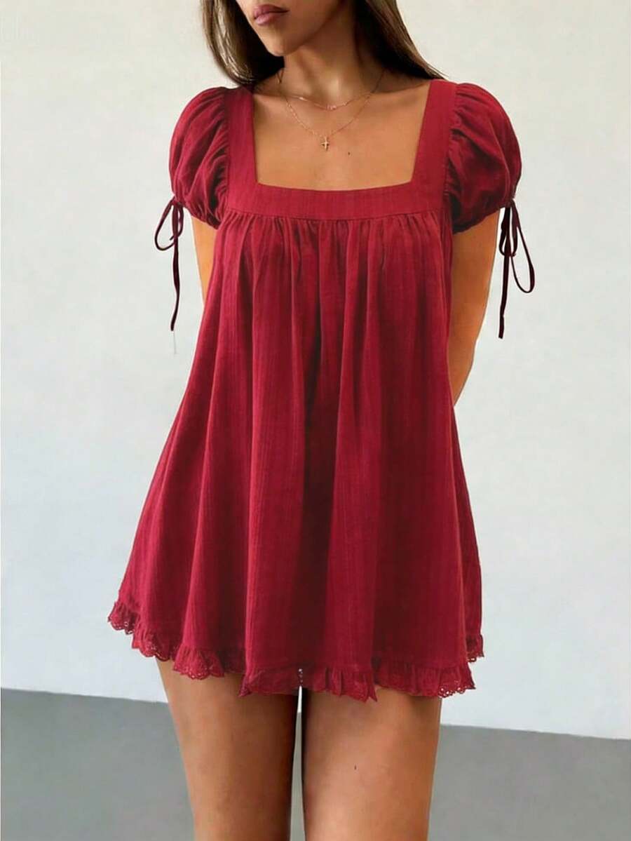 Women Puff Sleeve Babydoll Mini Dress Y2K Lace Trim Ruffle Flowy Dresses Summer Loose Swing Going Out Sundresses - 紅色 - 查看 1