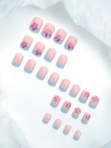 24片/套 方形春夏蓝色法式花朵按压式短指甲贴片，适合女孩、上班族、派对、约会和日常佩戴 - 彩色 - 查看 3