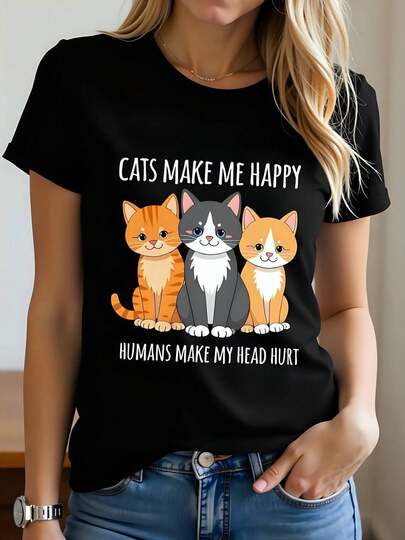 Women''S Funny Cat Lover T-Shirt - Cats Make Me Happy Humans Make My Head Hurt Slogan with 4 Expressive Cats Print - 180g Soft Breathable Crew Neck Short Sleeve Casual Summer Tee for Cat Ladies & Humor Apparel,Cat Make Me Happy T Shirt,Plus Size Women Clothes,Curvy Plus Size Women Clothing,Plus Size Women Top,Plus Size Women Clothes Cheap,Women Plus Size,Shirt For Women Plus Size,Halloween Plus Size Women,Curvy Plus Top,Plus Size Women T Shirt,Women Plus Size Clothes