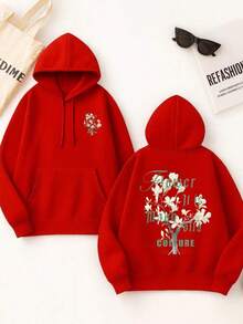 Sudadera de moda con estilo, sudadera con capucha oversize para mujer, sudadera de algodón con estampado floral, cómoda para las cuatro estaciones, suave y transpirable. - Rojo - Ver 1