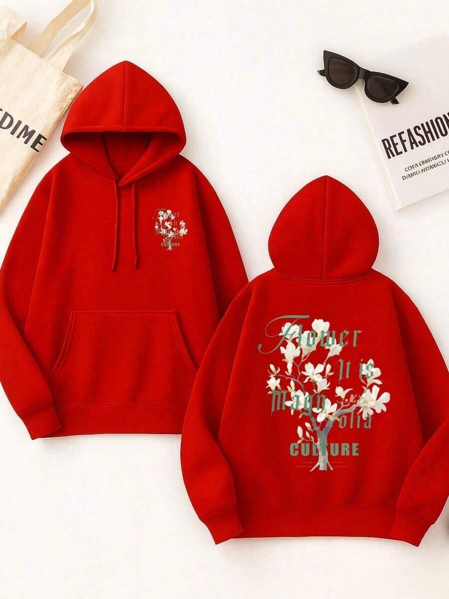 Sudadera de moda con estilo, sudadera con capucha oversize para mujer, sudadera de algodón con estampado floral, cómoda para las cuatro estaciones, suave y transpirable. - Rojo - Ver 1