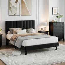 Full Size Bed Frame With Adjustable Height Headboard, Upholstered Platform Bed Frame With Vertical Channel Tufted Design, Sturdy Wooden Slats For Noise-Free Support, No Box Spring Needed - Black - View 3