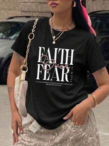Women's Standard Christian T-Shirt | "Faith Overcomes Fear" Psalm 34 Slogan Graphic | Religious Bible Verse Letter Print Black Casual Streetwear Tee - Black - View 3