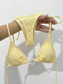 Bikinx Women's Cream Yellow Special Fabric Triangle Cup Bikini Strap Swimsuit Set Vacation Beach Summer - Yellow - View 2