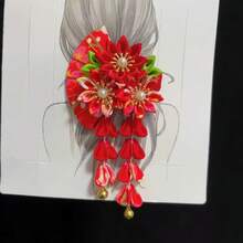 Japanese Kimono Headwear Ancient Style Handmade Flower Hair Clip Cloth Sweet Tassel Flower Hairpin - A7 - 查看 10