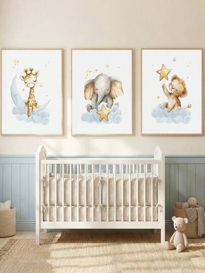 1幅装裱帆布墙画，中性动物主题装饰画，适合儿童房，野生动物图案（大象、狮子、长颈鹿等），丛林主题儿童房装饰，星月装饰海报，婴儿房装饰，新生儿礼物，儿童房装饰，学前班海报，游戏室海报，男孩房装饰