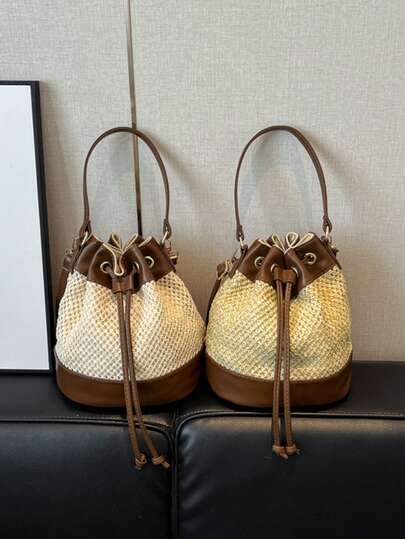 Colorblock Straw Drawstring Bucket Bag, PU Leather Patchwork Handbag, Summer Beach Casual Drawstring Tote, Commuter Shoulder Bag