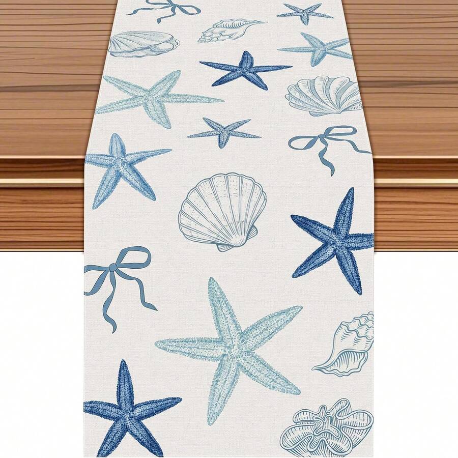 Blue & White Starfish & Shell Pattern Ocean Theme Tablecloth, Party & Holiday Dining Table Decor - Multicolor - View 1