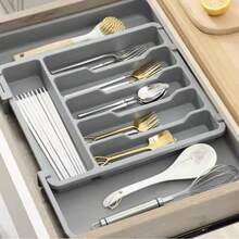 1 pièce Grand organisateur de couverts en plastique réglable, plateau de tiroir de cuisine extensible, convient pour une utilisation domestique en cuisine - Multicolore - Voir 2