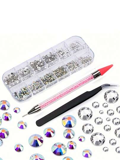 Boxed Irregular Shape Glass Rhinestones, AB Flat Bottom Rhinestones, Irregular Rhinestones, Dotted Rhinestones, Tweezers & Tools Set For Nail Art Nails