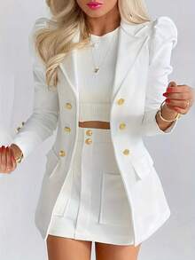 Women's Fashion Solid Color Casual Suit Set, Commuter Outfit In Simple Artistic Casual Style, Suitable For Daily Streetwear & Commuting Occasions - White - View 1
