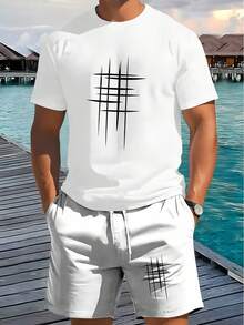 NUDEA Men's Short Sleeve + Casual Sportswear Set, Black Grid Pattern, Stylish And Full Of Energy. A Vibe With An Urban Casual Feel, Breathable Soft Summer Wear Featuring Drawstring Shorts And Pockets Men 2 Piece Set Summer Outfits - White Set - 查看 2