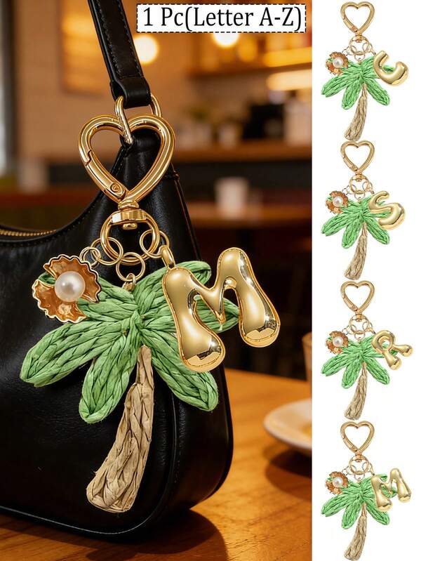 Handmade Grass Coconut Tree Pendant With Shell And Bubble Letters Elements - Bohemian Vacation Style. Raffia Art Pendant, Ocean Alloy Pendant, Hawaiian Style. Suitable For Backpack, Wallet Decoration, Headphone Bag Accessories, Car Pendants, Fashionable And Simple Accessories, And Drip Oil Jewelry. Suitable For Women's Daily Wear
