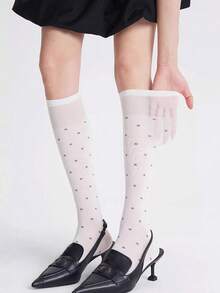 1 Pair Summer Thin -Style Polka Dot Grey Knee-High Socks, Ins Sweet Girl Leg Warmers, Women Polka Dot Socks - Knitted Ribbed Over-The-Knee Socks, Elegant Academic Style Elastic Breathable Socks, Suitable For Daily, School And Date Outfits - Multicolor - View 11