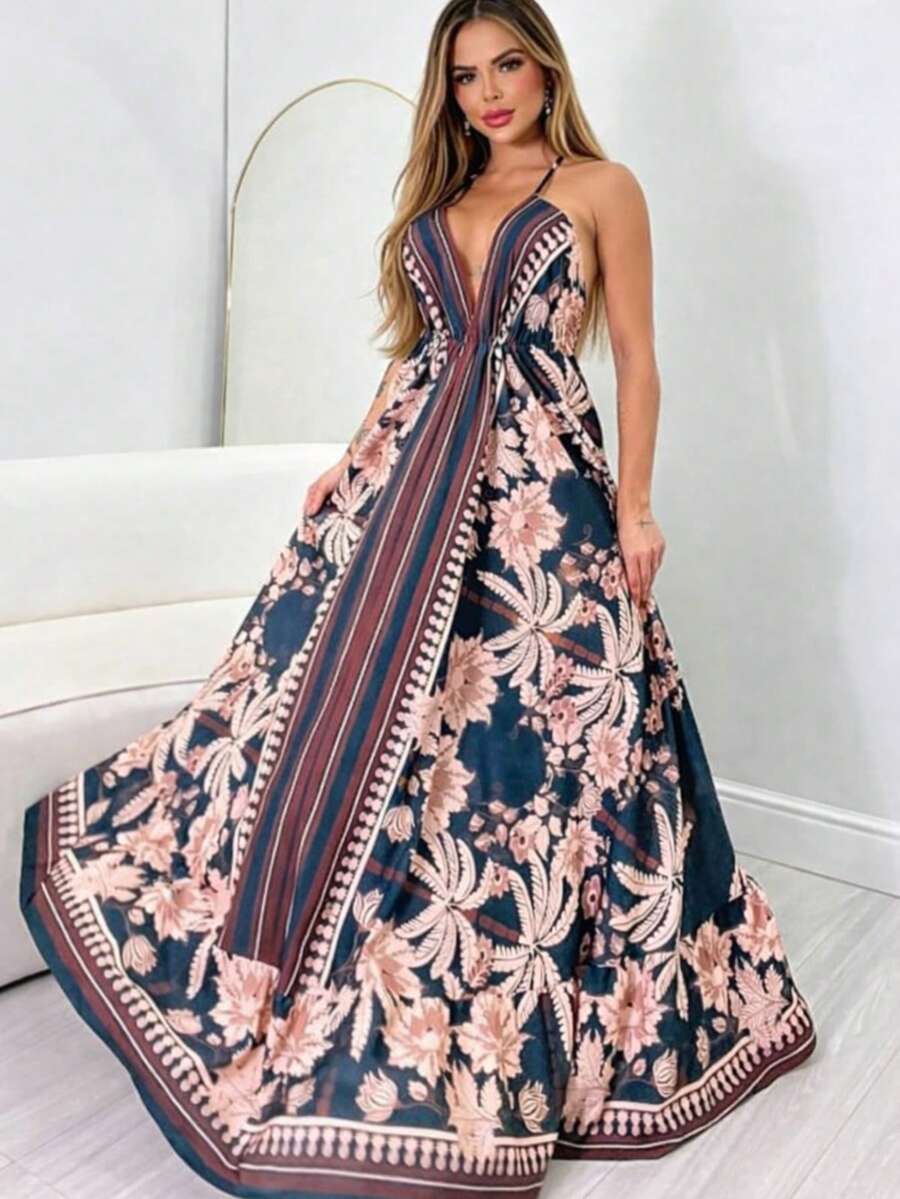 Long  Resort Dress With Deep Neckline And Back Tie - Summer Collection - Women's Fashion - hoa màu xanh - Xem 1