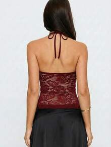 女士纯色性感蕾丝透视吊带露背吊带衫，女士优雅休闲上衣，女士春夏新款衬衫，女士酒红色蕾丝吊带衫，适合夜间外出、单身派对、郊游、毕业典礼、生日礼物、旅行、海滩、度假、母亲节等场合穿着 - 酒紅色 - 查看 3