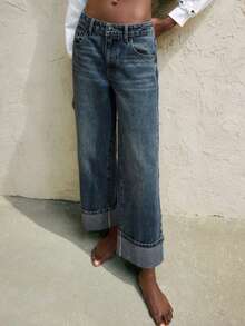 Straight Leg Casual Rolled Hem Jeans For Teenagers - Medium Wash - View 1