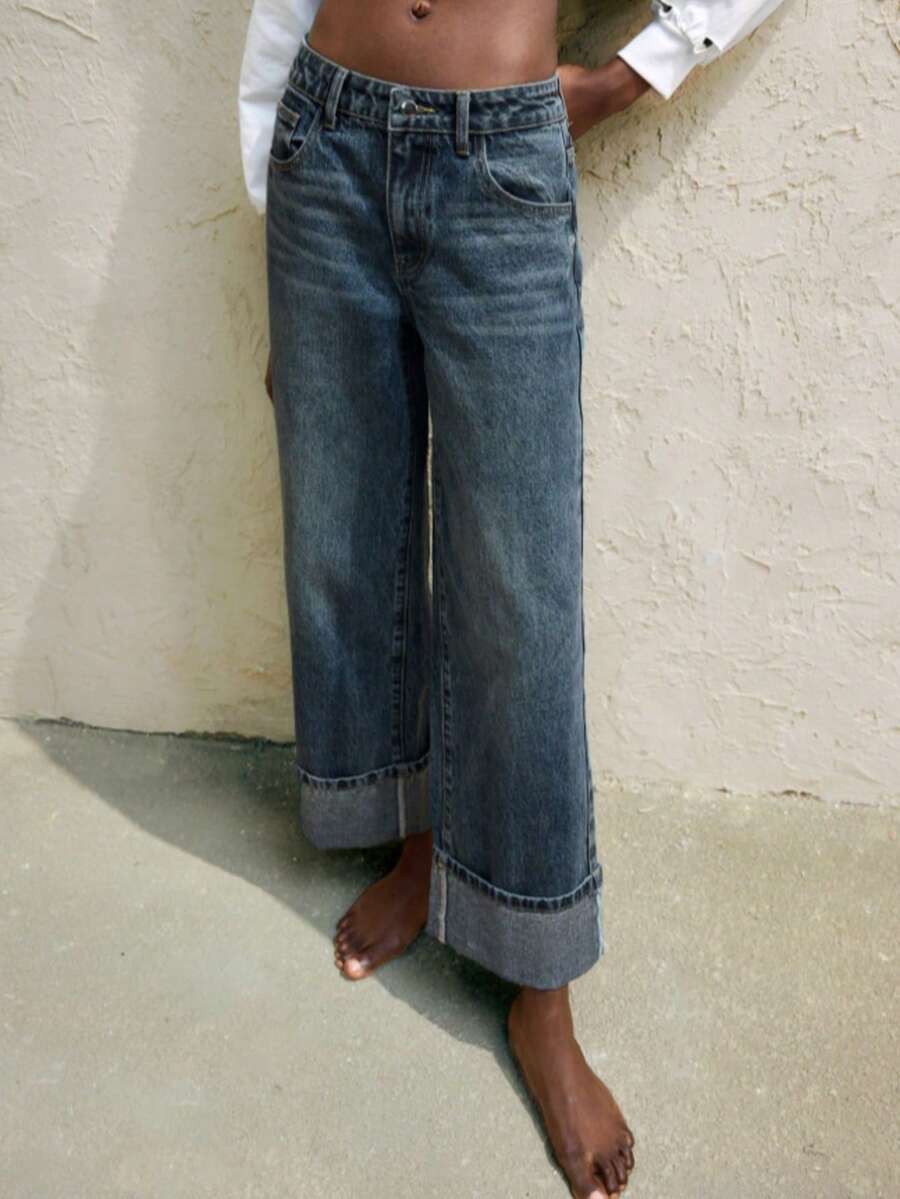 Straight Leg Casual Rolled Hem Jeans For Teenagers - Medium Wash - View 1
