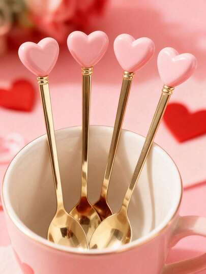 4 piezas Juego de cucharas chapadas en oro de 14 cm, acero inoxidable 410 con mangos con forma de corazón de cerámica, vajilla elegante y con estilo para postre, té de la tarde, banquete de boda, café y decoración de fiestas, utensilios de cocina reutilizables, regalo ideal para el Día de la Madre y días festivos