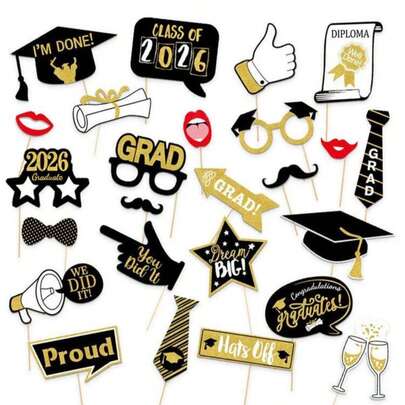 Bộ 25 món phụ kiện chụp ảnh tốt nghiệp năm 2026, trang trí tốt nghiệp màu đen & vàng, quà tặng và vật dụng cho tiệc tốt nghiệp, phù hợp cho mọi lứa tuổi, phông nền trang trí chụp ảnh.