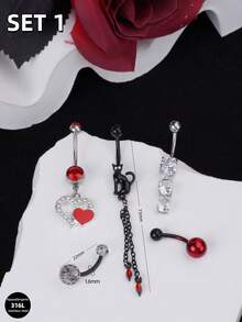 5pcs Gothic Punk Style Steel Navel Rings Set - Bat Cross Snake Cat Heart Dangle Navel Piercing Jewelry, Suitable For Women To Wear Daily, Party, Halloween, Summer Travel, Wedding, Birthday And Other Occasions - Black - View 7